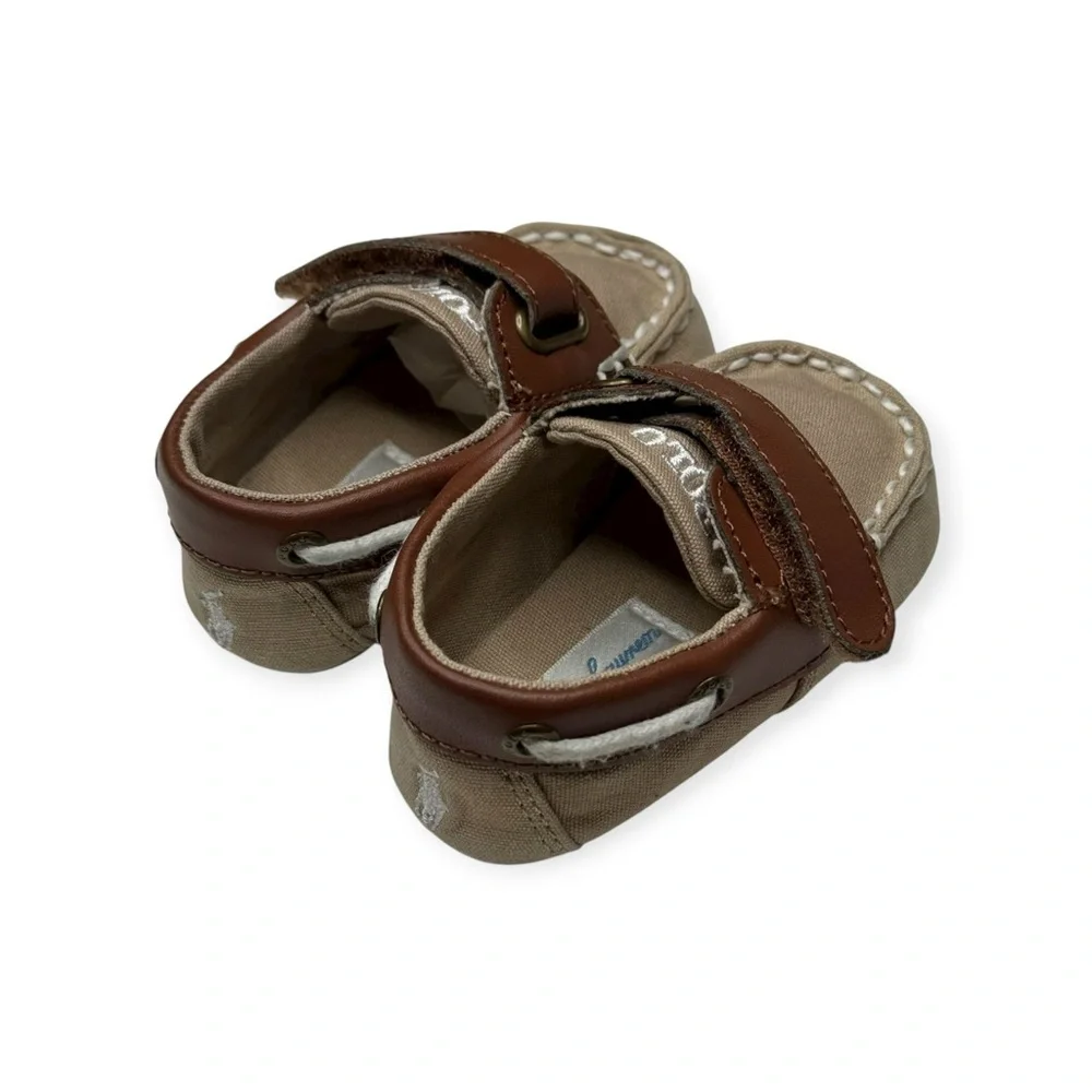 Ralph Lauren 𖦹 Sander EZ Baby Walker Boat Shoe 𖦹 Khaki Canvas Tan Leather 𖦹 2
